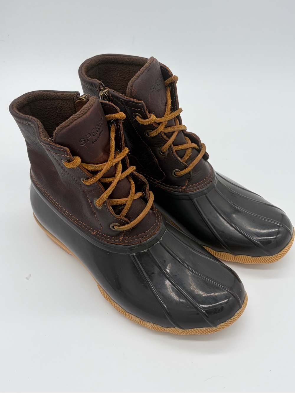 Sperry Brown Leather and Black Rubber Duck Boots with Tan Laces